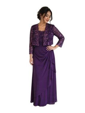 Alex Evenings Two-Piece Dress Purple Sequin-Embellished Lace Jacket Size 6